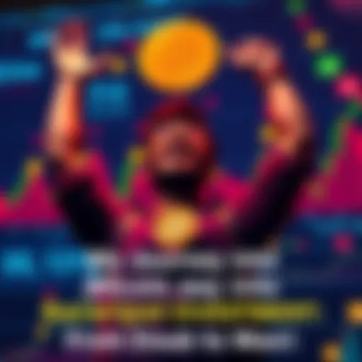 A person celebrating their Bitcoin investment success against a backdrop of financial charts and symbols of cryptocurrency