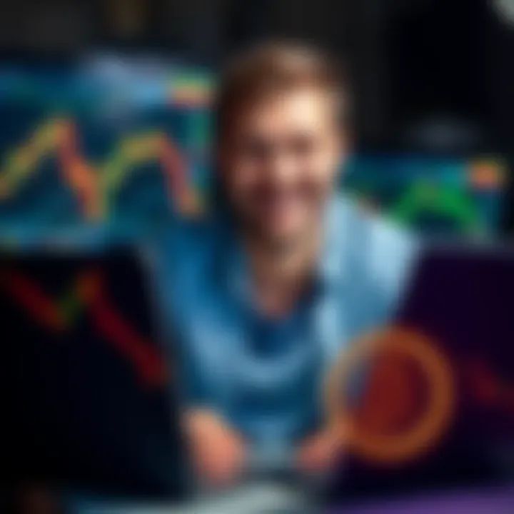 A 39-year-old individual smiling while analyzing Bitcoin charts on a laptop, symbolizing the beginning of their investment journey, debt-free and hopeful.