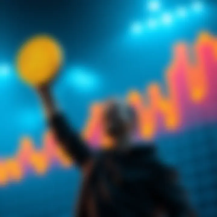 A person celebrating reaching 0.10 bitcoin after consistent weekly investments, with a graph showing upward trends in the background