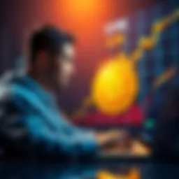 A person looking at Bitcoin prices on a laptop, contemplating an investment, with a graph showing an upward trend in the background