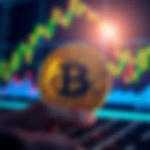 A graphic showing a Bitcoin symbol with fluctuating price charts in the background, symbolizing market uncertainty and potential growth.