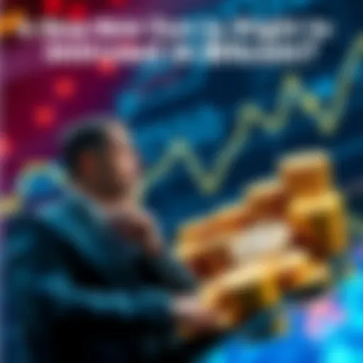 A visual representation of Bitcoin with a downward trend line indicating its recent price drop, alongside gold coins and a thoughtful investor considering their options.