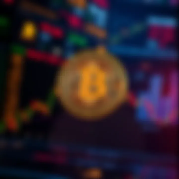 A graph showing Bitcoin's price nearing $65K while stock market indicators decline, with symbols of stocks and cryptocurrencies in the background.