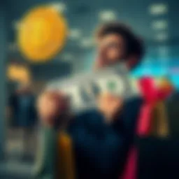 A person holding a $1,000 bill, looking thoughtfully at a Bitcoin symbol and shopping bags, representing the choice between investing in Bitcoin or spending money.