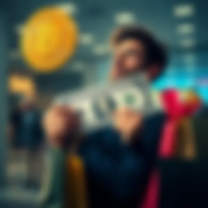 A person holding a $1,000 bill, looking thoughtfully at a Bitcoin symbol and shopping bags, representing the choice between investing in Bitcoin or spending money.