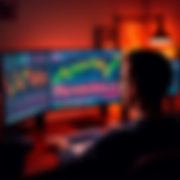 A person looking at a computer screen displaying Bitcoin charts and graphs, with a small amount of cash visible on the desk.