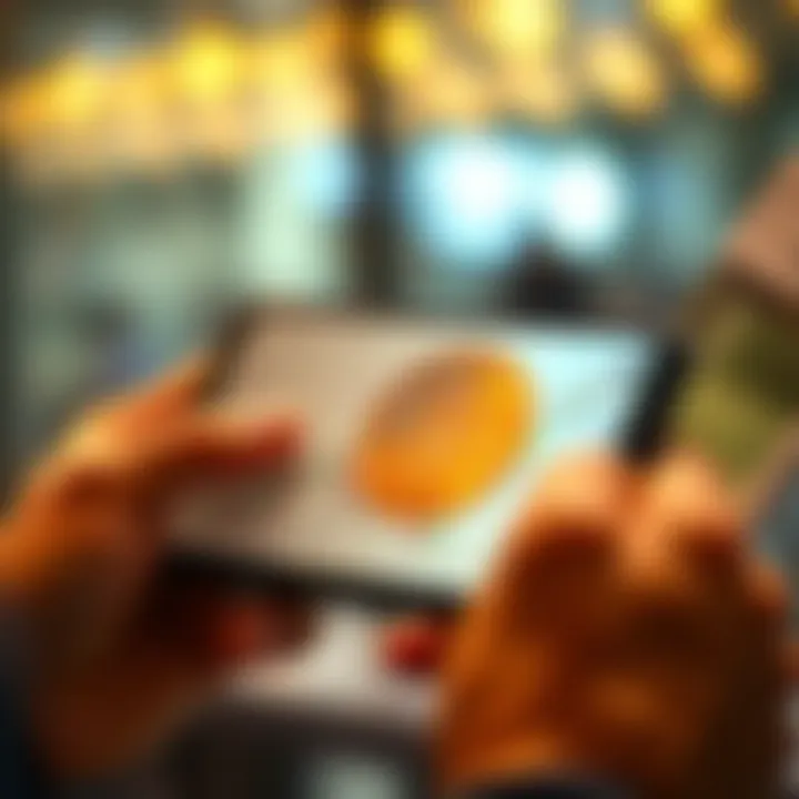 A person holding a paycheck while looking at a Bitcoin chart on a smartphone