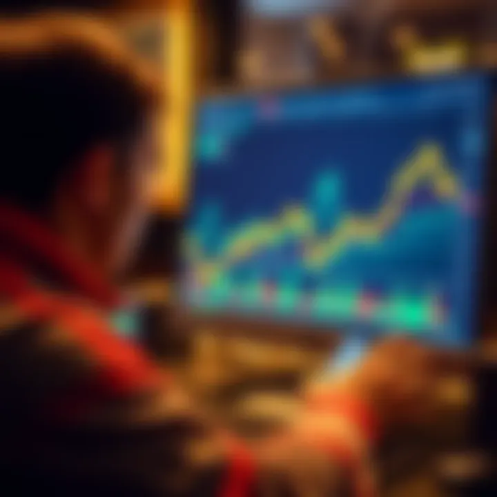 A person analyzing Bitcoin charts on a computer screen with financial graphs showing upward trends, symbolizing investment decisions at market highs.