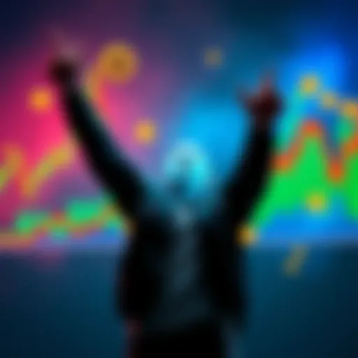 A person celebrating reaching 0.17 Bitcoin with a chart and digital coins around them