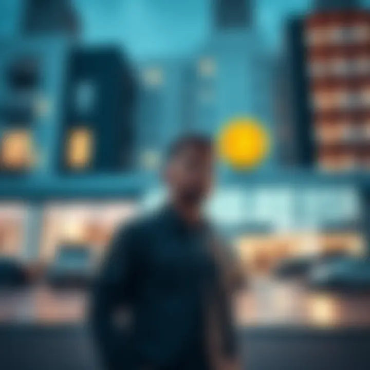 A person considering investment options with Bitcoin in front of a commercial real estate property