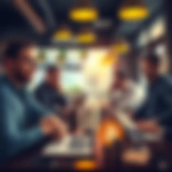 A group of Bitcoin investors discussing their long-term strategies in a coffee shop, showing mixed emotions about their choices, with Bitcoin price charts on their laptops.