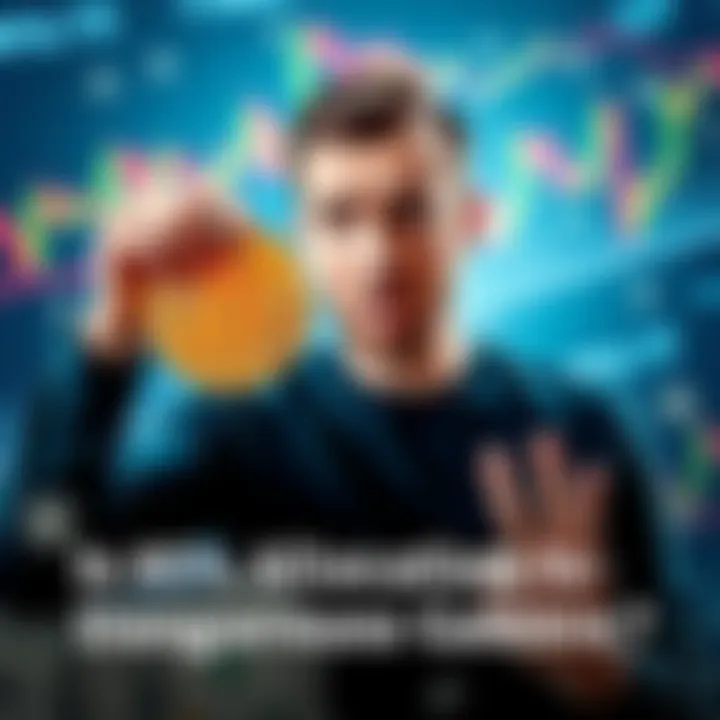 A person looking worried while holding a Bitcoin symbol, with financial charts and dollar bills in the background, representing the risks of heavy crypto investment.