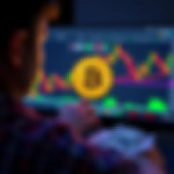 A person looking at Bitcoin charts on a computer screen, concerned about market fluctuations and potential risks, with dollar bills in the foreground.
