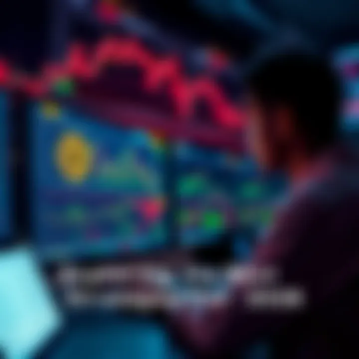 A person analyzing Bitcoin charts and trends on a computer screen with financial graphs in the background