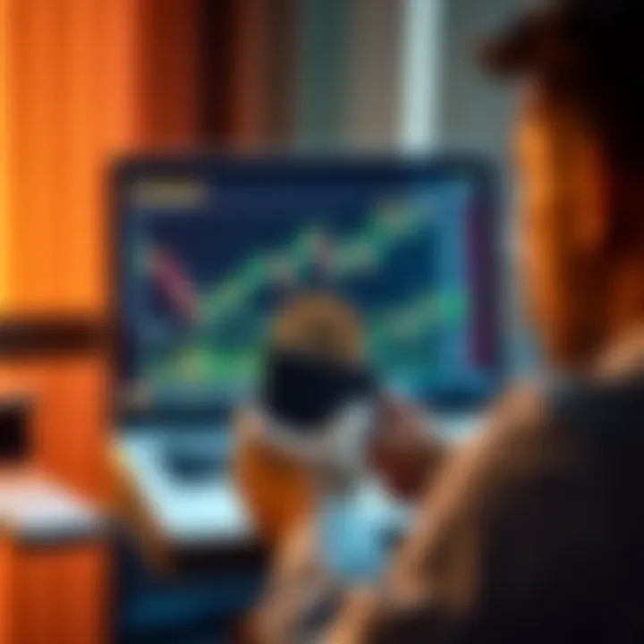 A person analyzing a Bitcoin chart on a laptop while holding a wallet with Bitcoin symbols