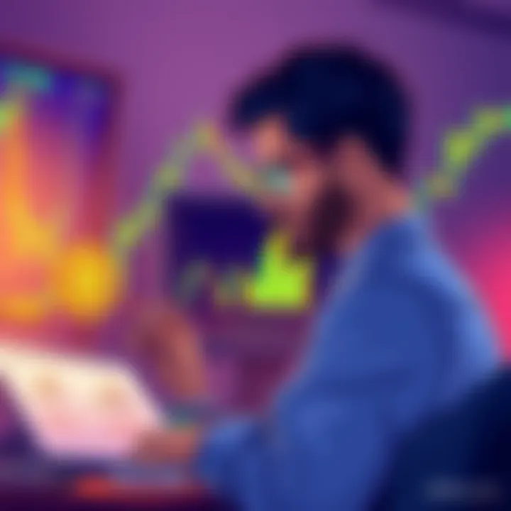 An illustration showing a person analyzing Bitcoin and dollar cost averaging strategies with graphs and charts in the background.