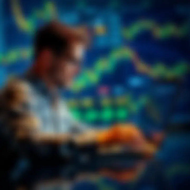 A person analyzing Bitcoin charts on a laptop with graphs and charts in the background, representing investment strategies