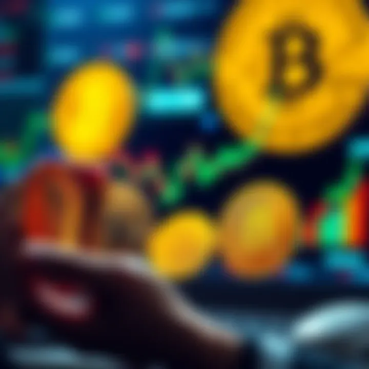 A person analyzing two investment methods for Bitcoin: lump sum investment and dollar-cost averaging, with Bitcoin graphics in the background.