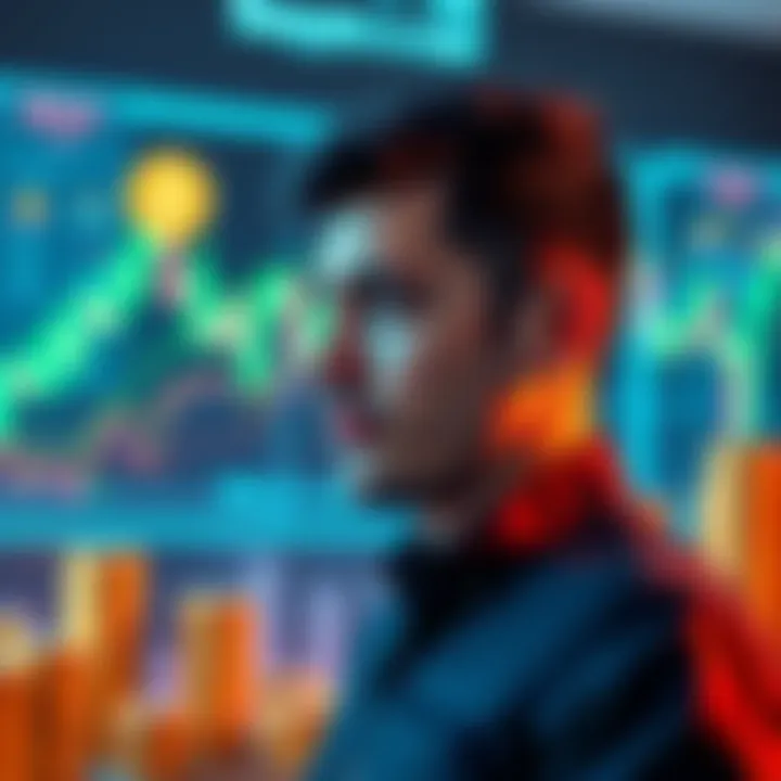 Person considering Bitcoin investment on Swyftx platform with charts and currency symbols in the background