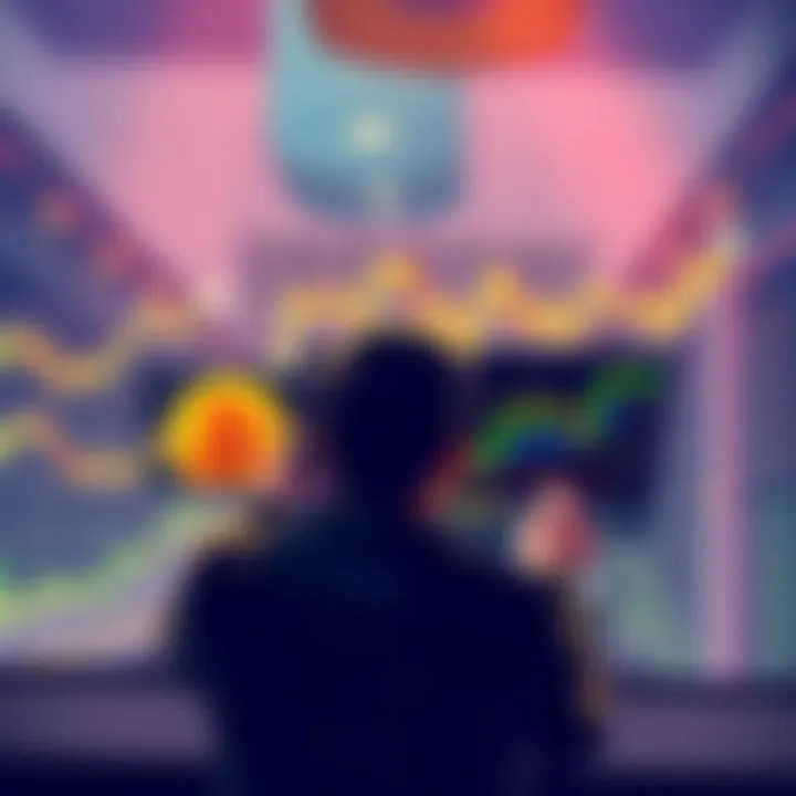 Bitcoin Investment Strategy Illustration showing a person analyzing Bitcoin price charts and using Dollar Cost Averaging to buy more BTC during market dips.