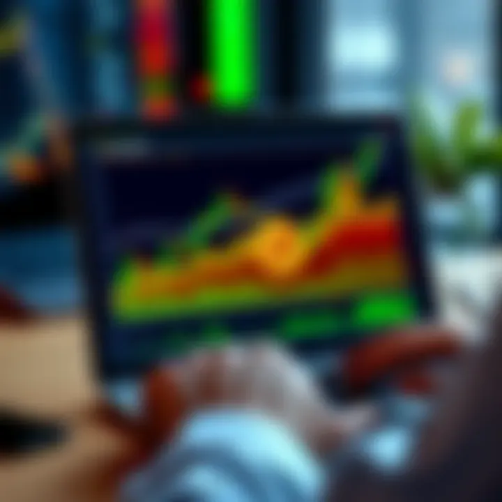 A person analyzing Bitcoin price charts on a laptop, with financial graphs and charts on the screen, showing an upward trend.