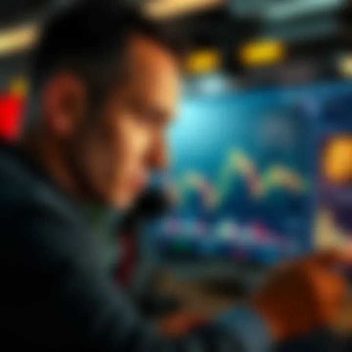 A person analyzing Bitcoin charts with a focused expression, highlighting the importance of sticking to a plan amidst market fluctuations.