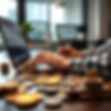 A person analyzing Bitcoin trends on a laptop while coins are scattered on the table, symbolizing investment planning.