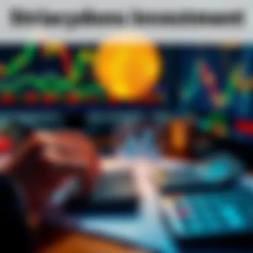 A person calculating investments in Bitcoin with financial charts and a calculator on a desk, symbolizing dollar-cost averaging and long-term holding strategy.
