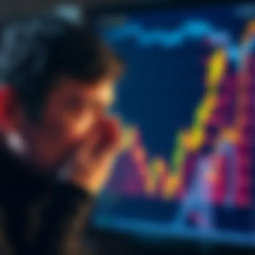 A person looking at a Bitcoin graph with a thoughtful expression, considering investment timing and potential regrets.