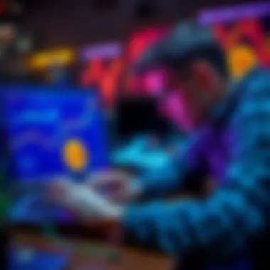 A beginner looking at a laptop with Bitcoin graphics and charts, considering investing in cryptocurrency