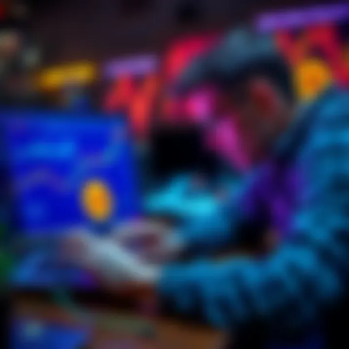 A beginner looking at a laptop with Bitcoin graphics and charts, considering investing in cryptocurrency