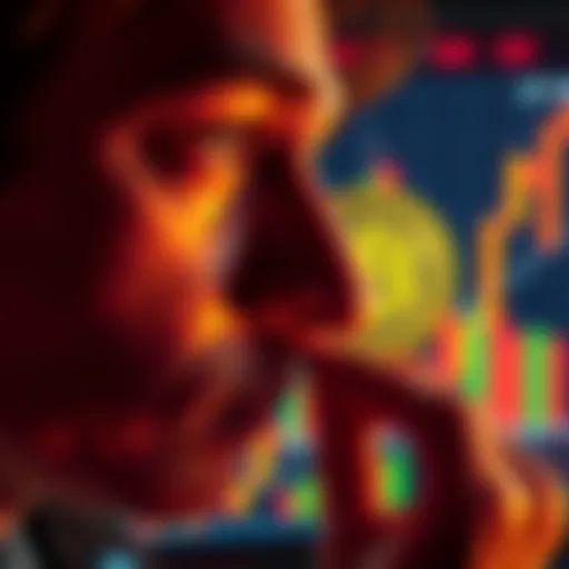 A close-up of a person contemplating Bitcoin investment with charts and graphs showing market trends in the background.
