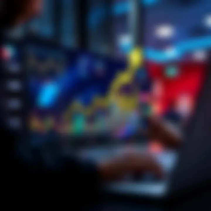 Graph showing Bitcoin price trends with an upward arrow and a person analyzing data on a laptop