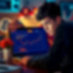 Bitcoin Investments and Risks A young person looking at a laptop screen showing Bitcoin prices, with a worried expression while holding their head.