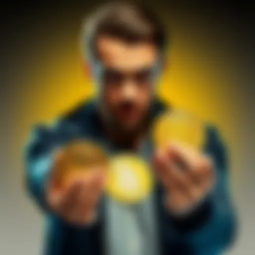 A Bitcoin investor holding physical coins with a determined expression, symbolizing commitment to long-term investment.