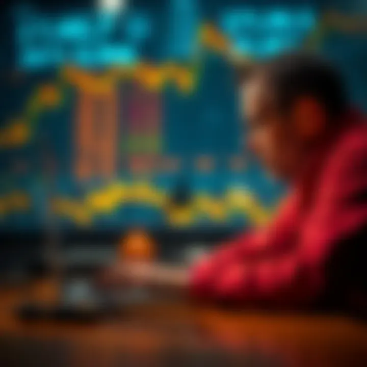 An investor looks at fluctuating Bitcoin prices on a laptop with a concerned expression