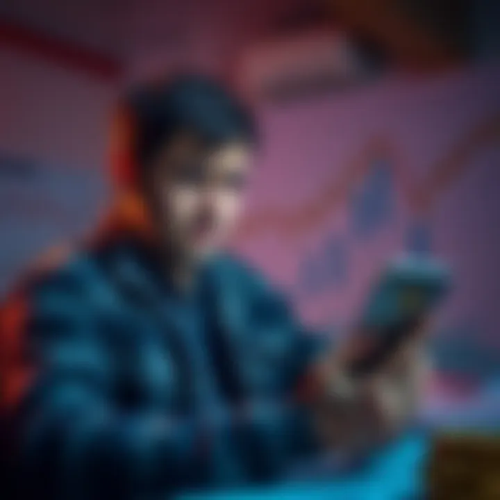 New Bitcoin Investor Seeking Advice A new Bitcoin investor looks confused while holding a smartphone displaying a Bitcoin chart, surrounded by papers and charts about Bitcoin strategies.