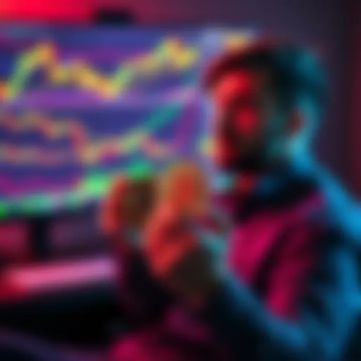 A person sitting in front of a computer screen filled with Bitcoin charts, holding physical Bitcoin coins, looking thoughtful about their investment strategy.