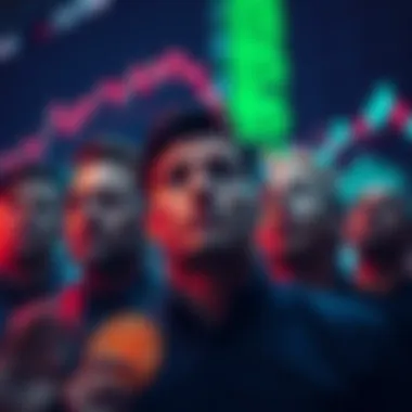 Bitcoin Investor Reactions A group of Bitcoin investors showing various emotions like worry and optimism during a market crash, with charts representing price drops in the background.