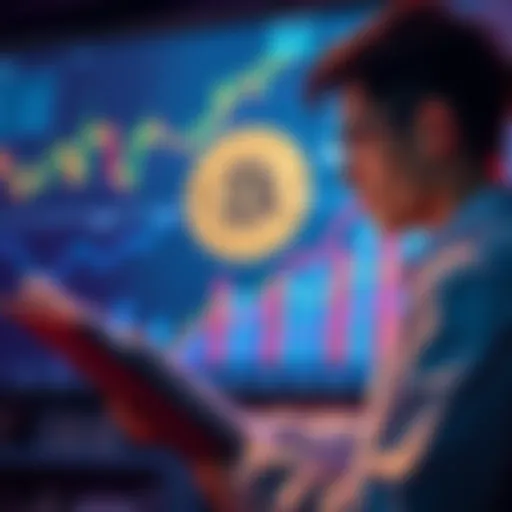 A student conducting a survey on Bitcoin, with graphs and charts in the background representing market trends.