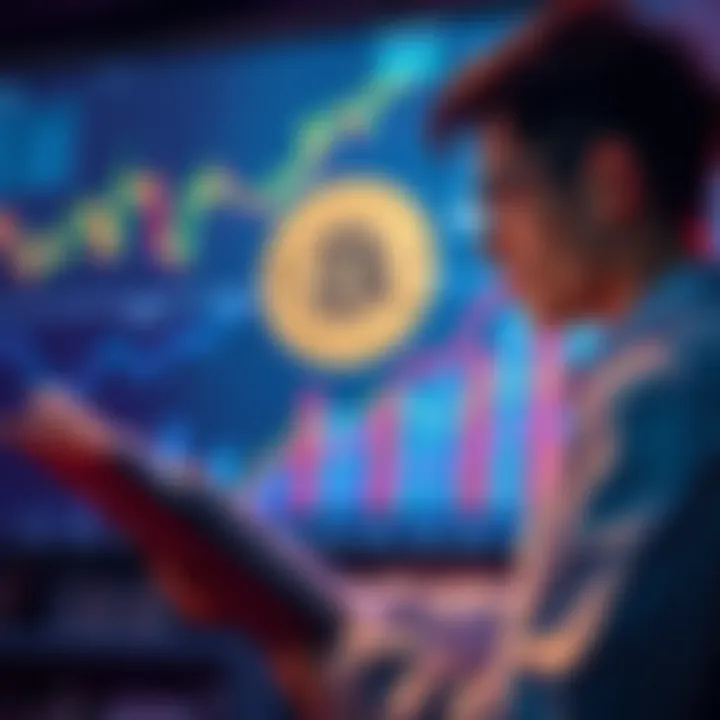 A student conducting a survey on Bitcoin, with graphs and charts in the background representing market trends.