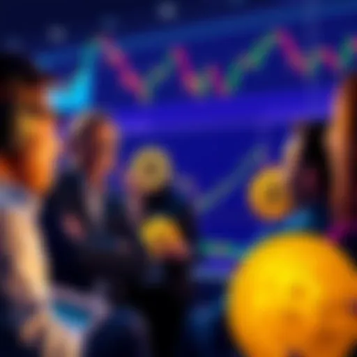 Group of investors excitedly discussing Bitcoin investments while charts show price fluctuations