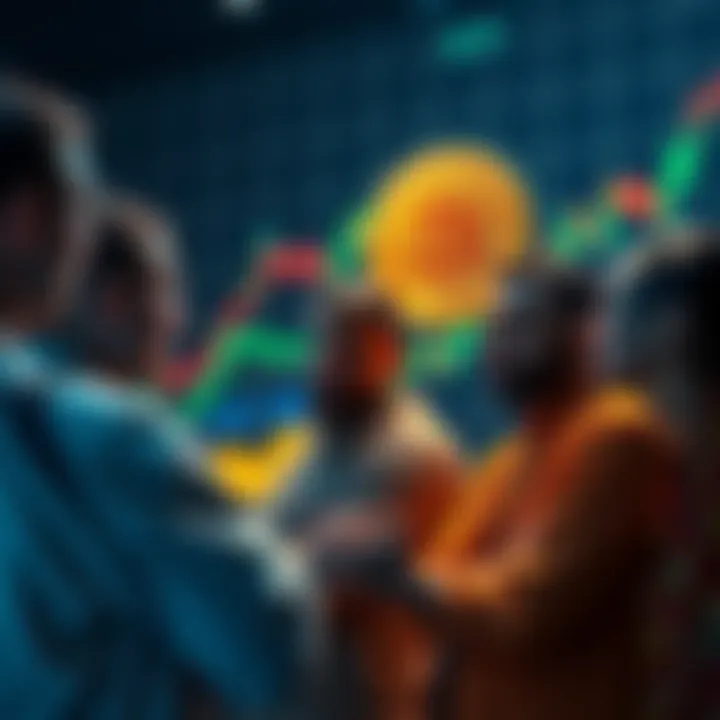 A group of Bitcoin investors discussing charity donations with a chart showing rising cryptocurrency prices in the background.