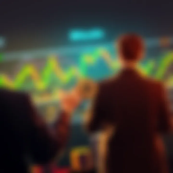 Bitcoin investors watching market trends and holding their assets, surrounded by charts and graphs showing price fluctuations
