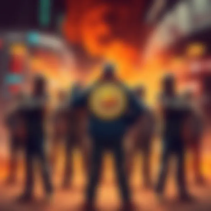 A group of confident Bitcoin investors standing firm amidst market turmoil, showing determination to hold their investments