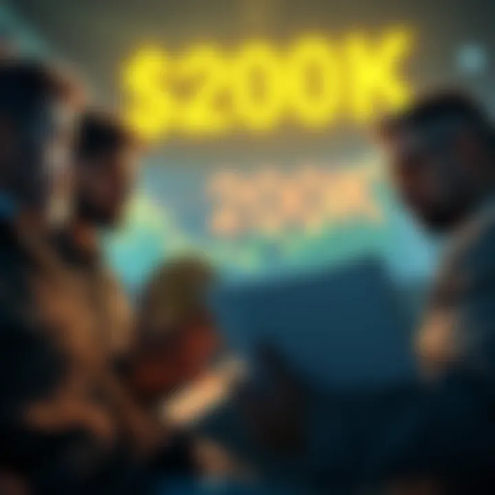 Bitcoin Investors Looking at Price Charts Group of Bitcoin investors analyzing price charts, expressing mixed emotions about holding their investments, with a focus on the $200K target in the background