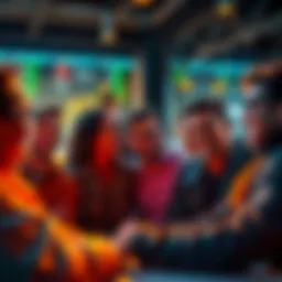 A group of Bitcoin investors discussing strategies to protect against market manipulation, smiling and showing confidence.