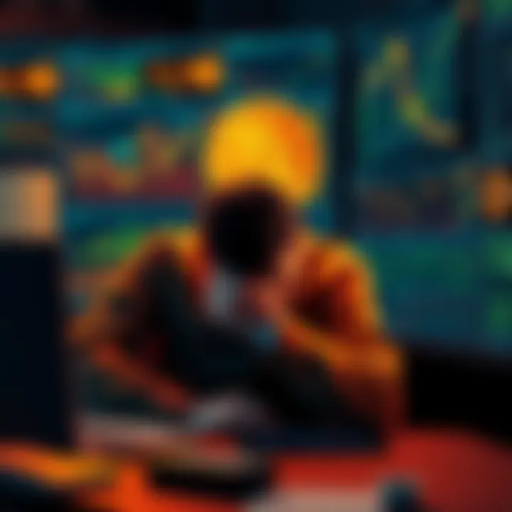 A tired person sitting at a desk filled with Bitcoin charts, looking stressed and anxious about recent market drops.
