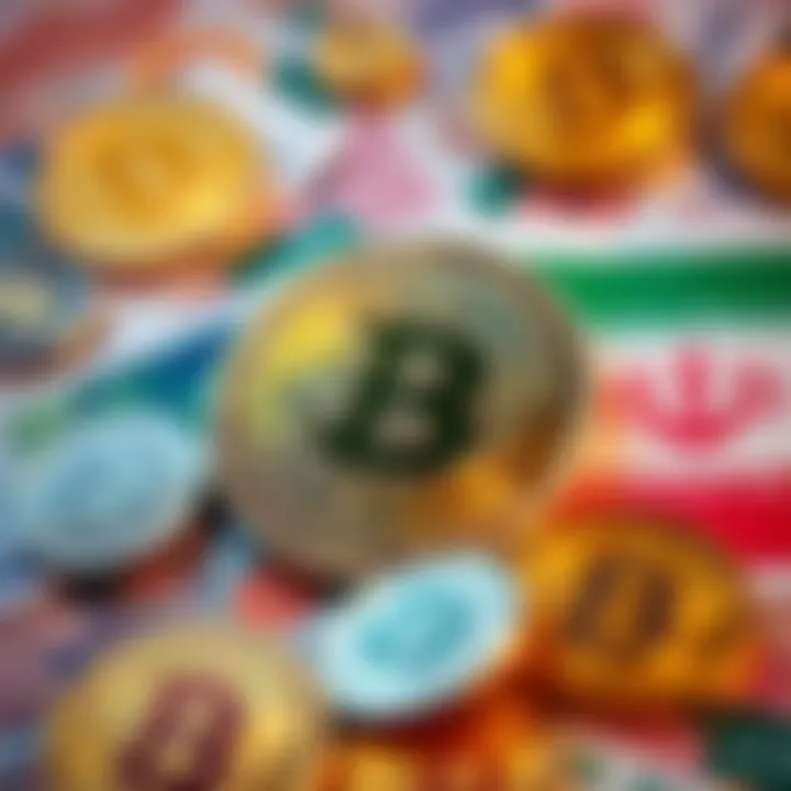 A visual representation of Bitcoin with Iranian currency symbols, showing a contrast between crypto and local finance