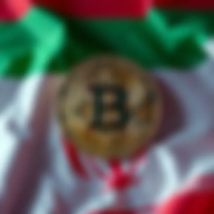 Bitcoin symbol overlaying the Iranian flag, representing Iran's use of cryptocurrency for funding.